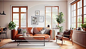 warm living room with a brown sofa and a large wooden frame, Scandinavian style. Generative AI