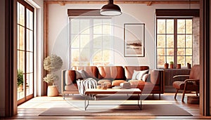 warm living room with a brown sofa and a large wooden frame, Scandinavian style. Generative AI