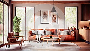 warm living room with a brown sofa and a large wooden frame, Scandinavian style. Generative AI