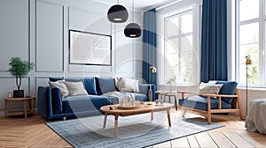 warm living room with a dark blue sofa and a large wooden frame, Scandinavian style. Generative AI