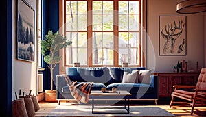 warm living room with a dark blue sofa and a large wooden frame, Scandinavian style. Generative AI