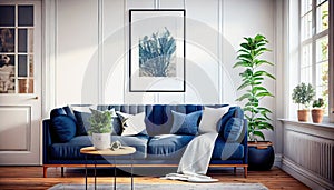 warm living room with a dark blue sofa and a large wooden frame, Scandinavian style. Generative AI