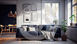 warm living room with a dark blue sofa and a large wooden frame, Scandinavian style. Generative AI