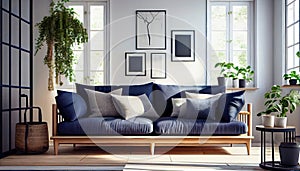 warm living room with a dark blue sofa and a large wooden frame, Scandinavian style. Generative AI