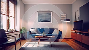 warm living room with a dark blue sofa and a large wooden frame, Scandinavian style. Generative AI