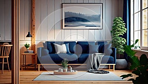 warm living room with a dark blue sofa and a large wooden frame, Scandinavian style. Generative AI