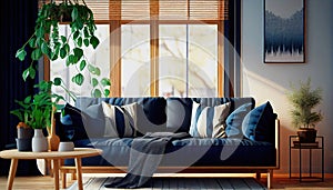 warm living room with a dark blue sofa and a large wooden frame, Scandinavian style. Generative AI