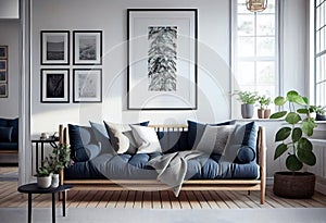 warm living room with a dark blue sofa and a large wooden frame, Scandinavian style. Generative AI