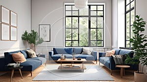 warm living room with a dark blue sofa and a large wooden frame, Scandinavian style. Generative AI