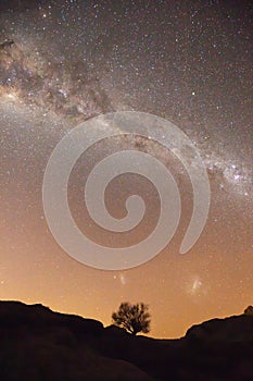 Warm Milky way and bright star night sky across Patagonia