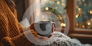 The warm mug cradled in hands on a cozy winter evening. AI generated image