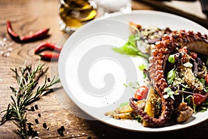 Warm octopus salad with stir fried vegetables and aji sauce on white plate. Delicious healthy mediterranean traditional