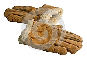 Warm old dirty gloves with artificial fur, isolate on a white background
