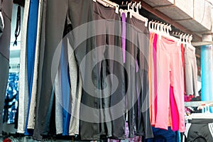 Warm pants were hung on the clothesline for sale in the clothing market
