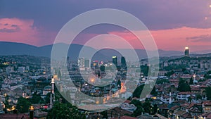 Warm rainy evening in Sarajevo, beautiful skyline at dusk