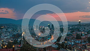 Warm rainy evening in Sarajevo, beautiful skyline at dusk