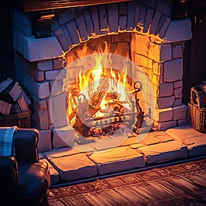 Warm retreat Cozy fireplace ambiance, inviting relaxation and comfort