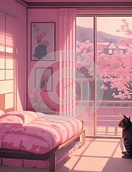 Warm room scene concept background bedroom cat background Generative AI