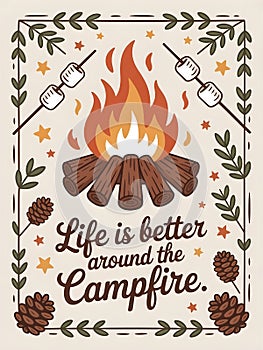 Warm rustic design with the quote Life is better around the campfire, fire and marshmallow doodles