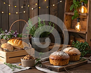 Warm Rustic Kitchen with Bread and Herbs