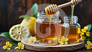 Rustic Display of Honey Jars with Lemons and Flowers photo