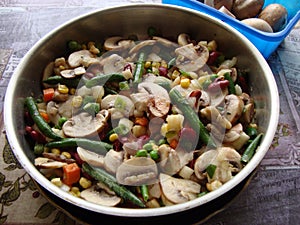 Warm salad of champignons, green and red beans, carrots, corn, green peas, onions, peppers