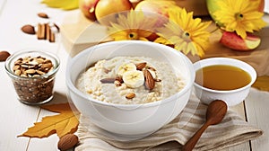 A Warm Serving of Oatmeal with Banana and Honey, Accompanied by Yogurt in a White Bowl, Set Against a Wooden Backdrop