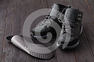 Warm shoes and orthopedic insoles. Winter background, footwear