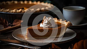 A warm slice of pumpkin pie with a dollop of whipped cream and a sprinkling of cinnamon created with Generative AI