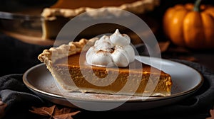 A warm slice of pumpkin pie with a dollop of whipped cream and a sprinkling of cinnamon created with Generative AI