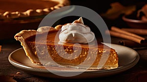 A warm slice of pumpkin pie with a dollop of whipped cream and a sprinkling of cinnamon created with Generative AI