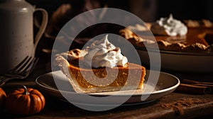 A warm slice of pumpkin pie with a dollop of whipped cream and a sprinkling of cinnamon created with Generative AI