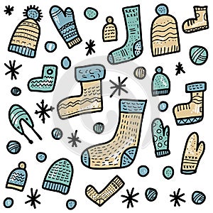 Warm socks, beanies set. Vector illustration.