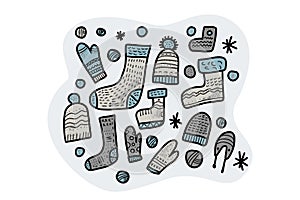 Warm socks, beanies set. Vector illustration.