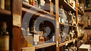 A warm, softly lit view of old wooden apothecary shelves filled with labeled glass bottles, evoking a historical and