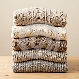 Warm Stack of Knitted Sweaters in Neutral Tones