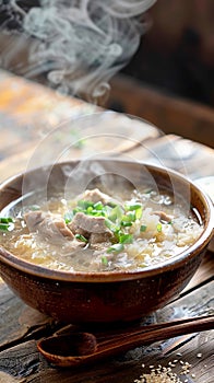 Warm and steaming chicken broth with vegetables and chunks of meat. With rice or noodles . AI generative