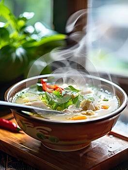 Warm and steaming chicken broth with vegetables and chunks of meat. With rice or noodles . AI generative