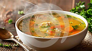 Warm and steaming chicken broth with vegetables and chunks of meat. With rice or noodles . AI generative