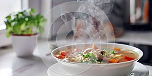 Warm and steaming chicken broth with vegetables and chunks of meat. With rice or noodles . AI generative