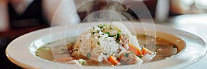 Warm and steaming chicken broth with vegetables and chunks of meat. With rice or noodles . AI generative