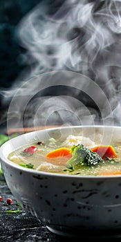 Warm and steaming chicken broth with vegetables and chunks of meat. With rice or noodles . AI generative