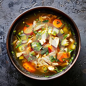 Warm and steaming chicken broth with vegetables and chunks of meat. With rice or noodles . AI generative