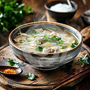 Warm and steaming chicken broth with vegetables and chunks of meat. With rice or noodles . AI generative