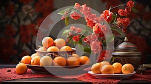 Warm Still Life with Flowers and Tangerines Ai generated photo