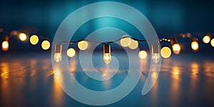 Warm string lights glow on a blue background