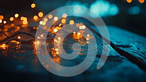 Warm string lights rest on a dark wooden surface