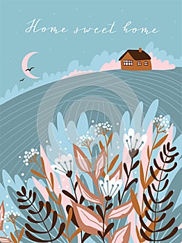 Warm summer night in the village. Cute vector illustration. Hand drawn farm poster design with text.