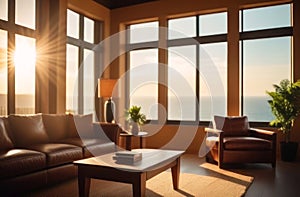 Warm sunlight bathes a cozy living room, highlighting a plush leather sofa that invites relaxation