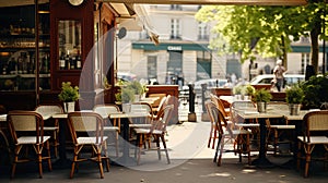 Warm sunlight bathes a serene Parisian cafe terrace